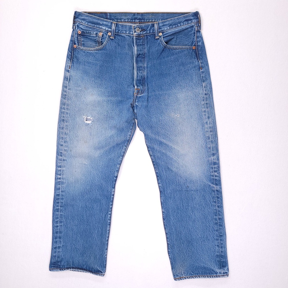 Levis 501 Original Fit Mens Medium Wash Blue Straight Leg Jeans W36 L26.5 Hemmed